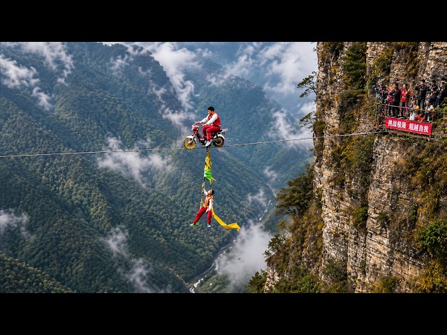 Cycling on a Tightrope Between Cliffs | Daredevil Aerial Acrobatics | Wonders of China