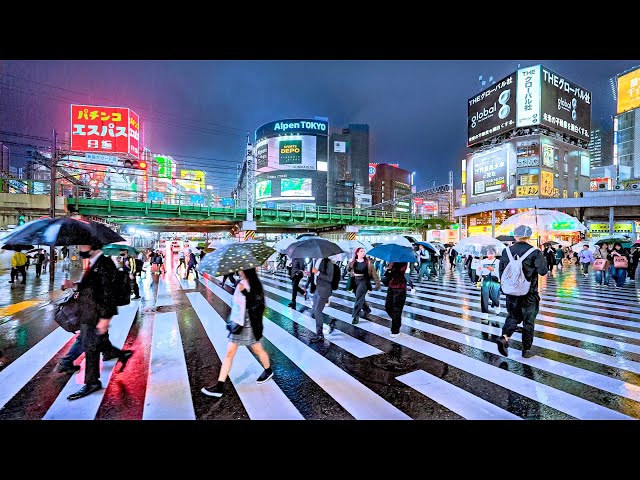 Tokyo Japan: 4 Hours of Heavy Rain, Night Walk • 4K 60fps HDR | Relaxing