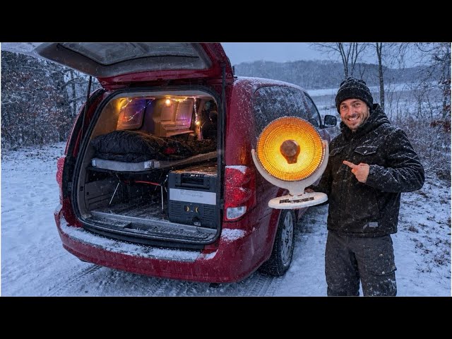 Solo Car Camping during a Snowstorm with a Parabolic Heater - Winter Van Camping