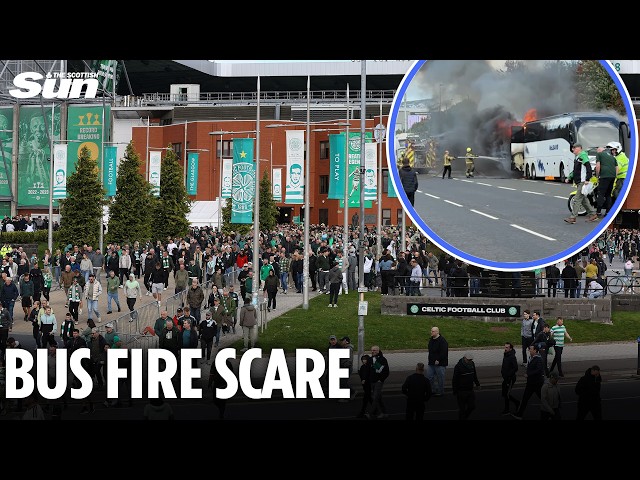 Shock moment Celtic supporters bus bursts into flames following Old Firm heartbreak