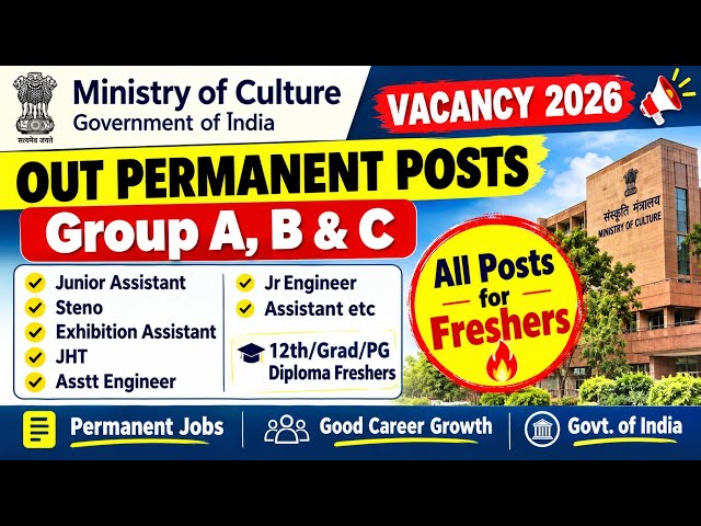 🎯Ministry of Culture Group A, B & C Vacancy 2026 Out 🔥 12th/Grad/Diploma/B.E/B.tech Freshers
