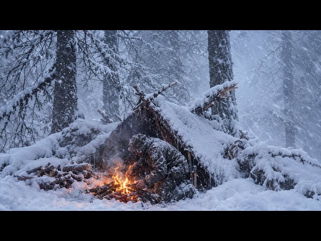 Solo Survival Camp | Heavy Snow, Freezing Rain & Blizzard | No Tent, No Sleeping Bag, Just Fire