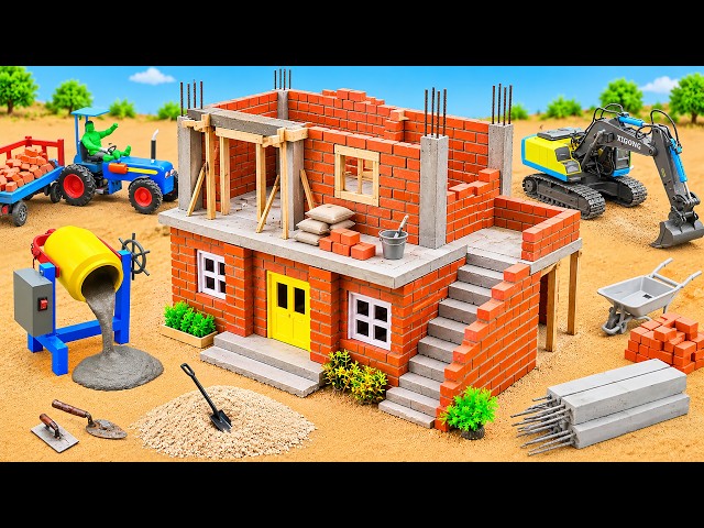 DIY Mini Tractor Builds Modern Two-story House Using Bricks | Fun Construction Science Project