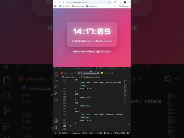 Glassmorphism Digital Clock ⏰ Using HTML CSS & JavaScript | #shorts #webdevelopment #css #html
