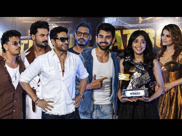 Avinash Mishra holds the KKK 15 winner cup with Eisha Singh, Gaurav Khanna, Archana Gautam, Digvijay