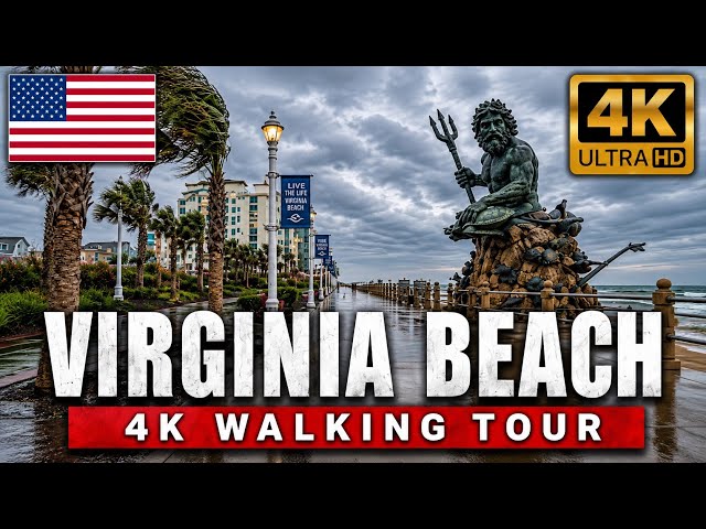 VIRGINIA BEACH BOARDWALK & SURF — Moody Oceanfront Walk | 4K 60FPS