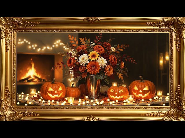 Halloween Frame TV Art | Cozy Fireplace with Autumn Floral Table | Fall Screensaver in 4K | No Sound