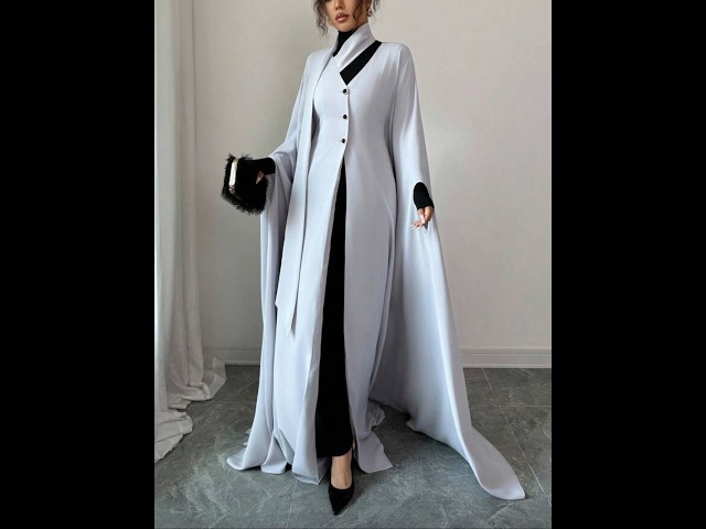 Light Grey Longline Open-Front Cape Coat with Stand Collar & Button Placket