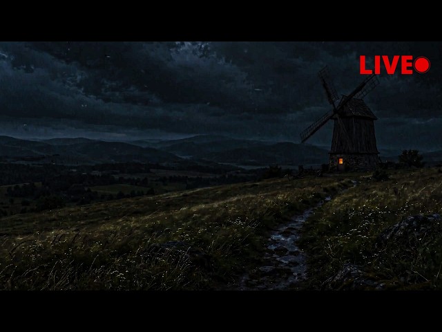 Drift Off to Sleep 🌾 Wind & Thunder Around an Old Windmill | Dark Hillside Ambience