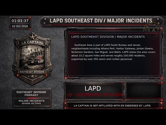 Southeast Division - *Live* LAPD Police Scanner - LA Captain - 01-Oct-2026 - S5