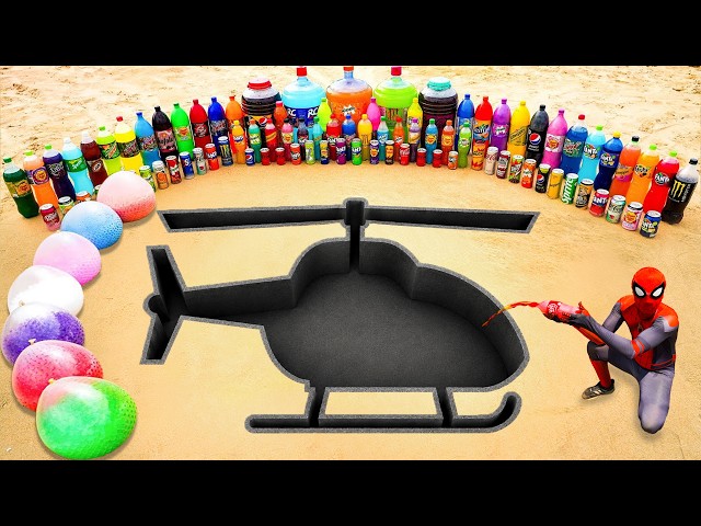 How to Make Giant Helicopter Hole with Cement, Big Sodas, Fanta, Coca Cola, Mtn Dew, Pepsi vs Mentos