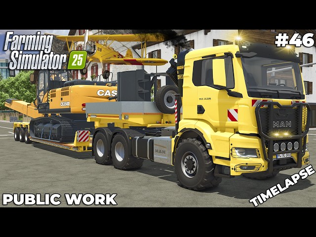 TRANSPORTING BIG TELESCOPIC EXCAVATOR THROUGH TOWN! 🚛🚨 | PUBLIC WORK | Farming Simulator 25 | EP 46