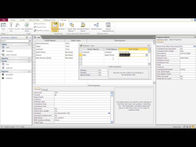 Databases with Microsoft Access 10 –Field Indexing, Primary Keys, Index Creation