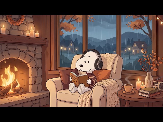 Snoopy’s Rainy Autumn Reading Nook 🌧️ Relaxing Fireplace Jazz for Study, Work & Sleep