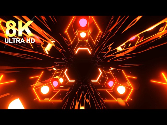 8k Futuristic Neon Tunnel Background with Glowing Orange Geometric Lights VJ Loop