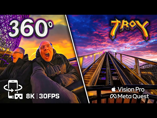 360 8K TROY: STUNNING Sunset - REALISTIC Roller Coaster onride 🟥 Toverland front row VR POV