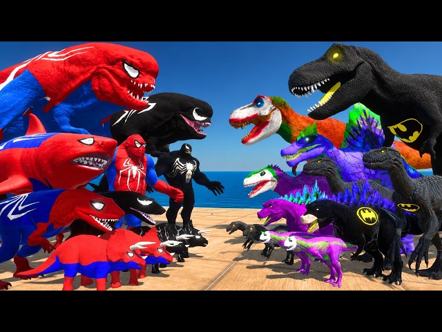 Spiderman D-Rex and Venom D-Rex vs Batman T-Rex and Joker T-Rex | Animal Revolt Battle Simulator