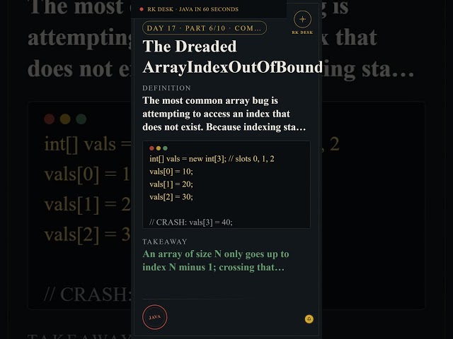 Day 17 Pt 6/10: The Dreaded ArrayIndexOutOfBoundsException #Shorts