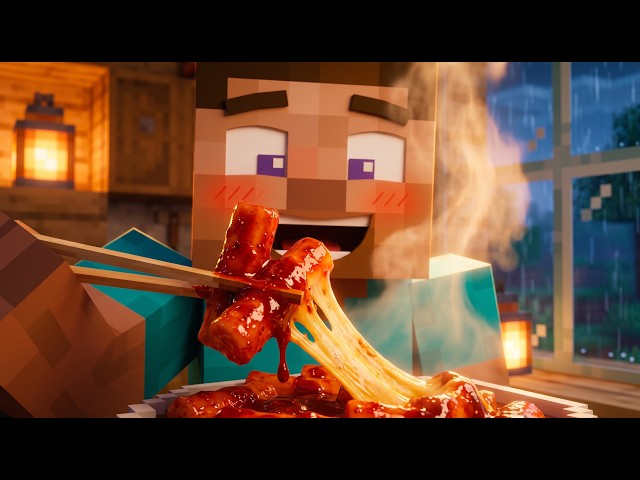 STEVE COOKS CHEESY TTEOKBOKKI! 🧀 Spicy Hot Rice Cakes on a Rainy Day (ASMR) | Minecraft Style