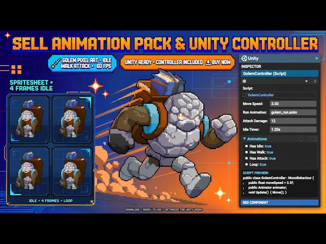 Sell 2D Librarian Golem: Unity Controller & Animations Preview