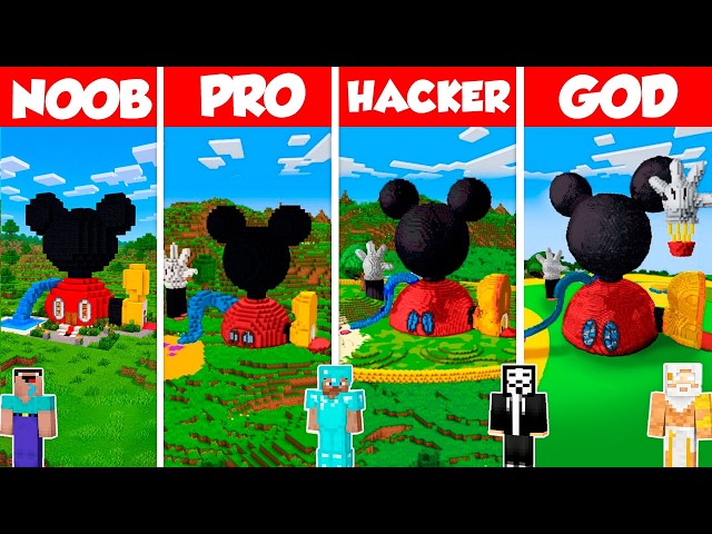 Mickey Mouse Clubhouse Build Battle Challenge - Noob vs Pro vs Hacker vs God - Minecraft Animation